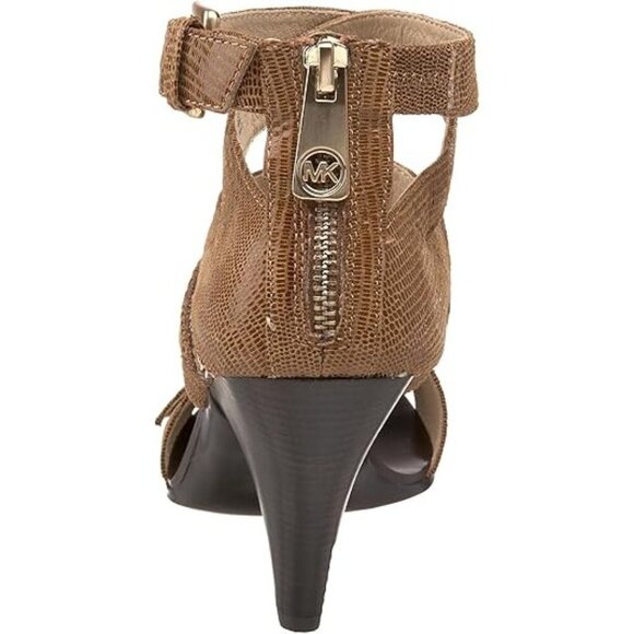 Michael Kors Tatum Cross Strap Reptile Embossed Shimmering Leather Cone Heels - Picture 3 of 6